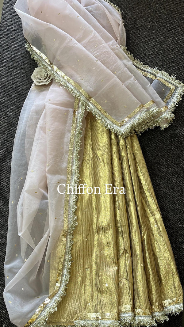 Gota Organza Half-and-Half Saree with Sequins & Frizzy Lace Details with unstitched work blouse