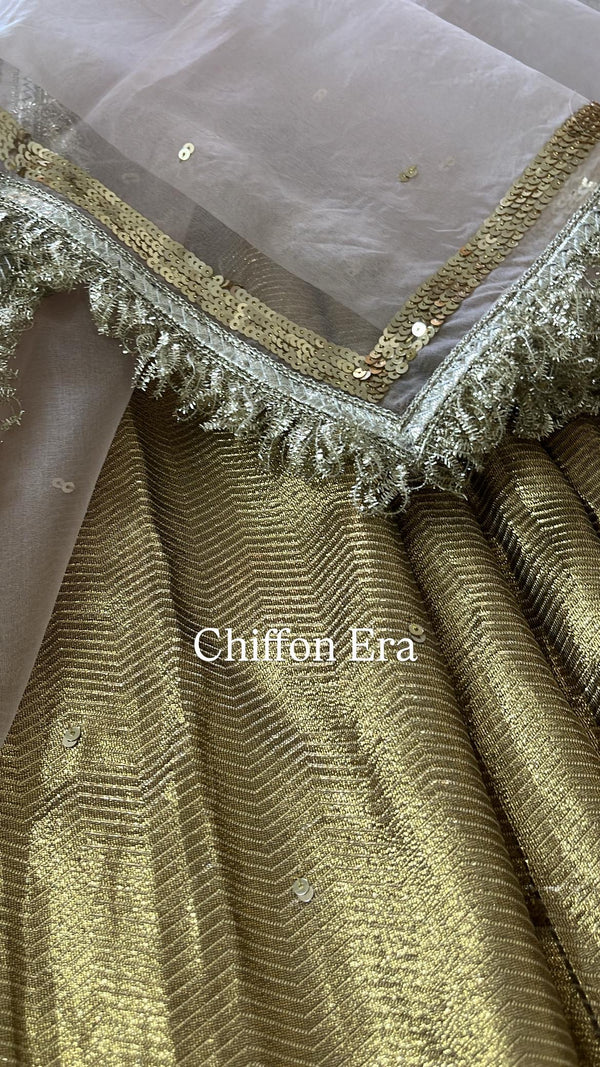 Gota Organza Half-and-Half Saree with Sequins & Frizzy Lace Details with unstitched work blouse