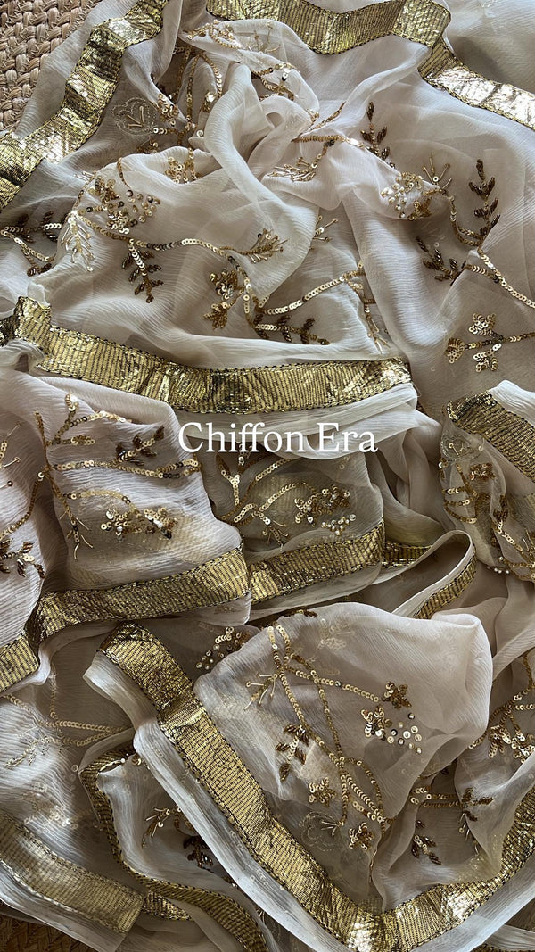 Ivory gotta sequins Pure Chiffon Handcrafted Saree with Blouse