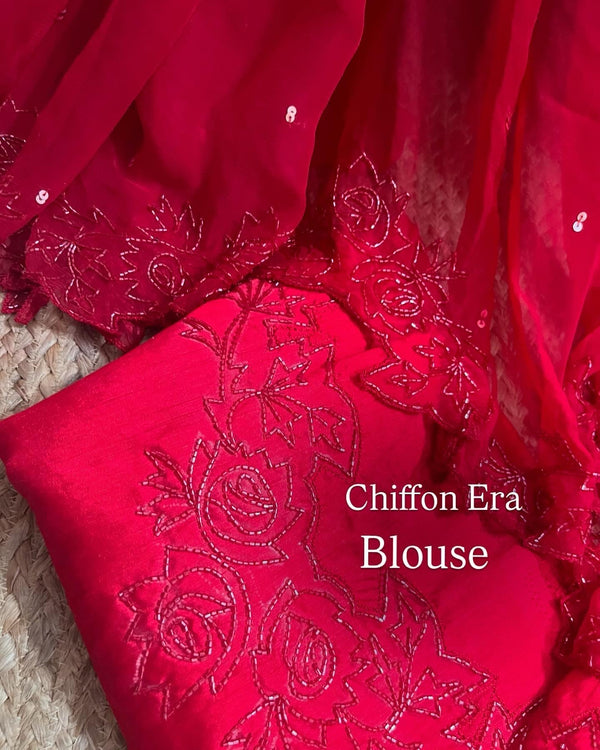 Regal Red – Pure Chiffon Handcrafted Saree with Heavy Work Blouse