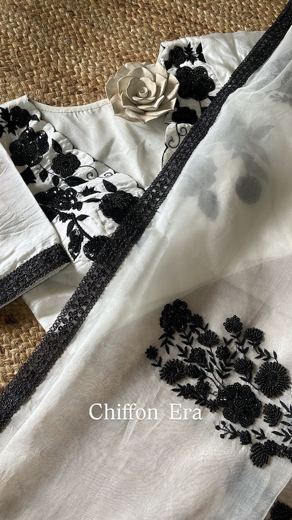 Moonlight Saree ✨ Dreamy Silk Organza with Handcrafted Detailing & Stitched Blouse