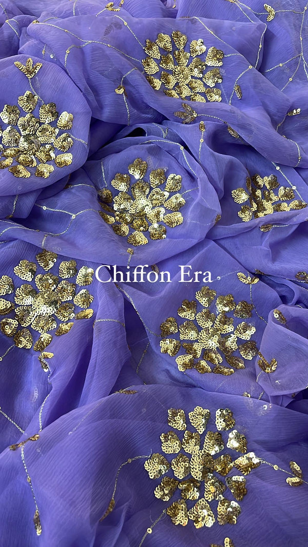 Lilac Pure Chiffon Handcrafted Jaal Saree