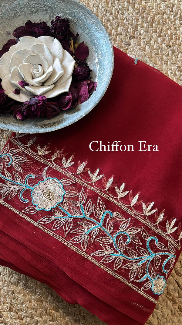 Deep maroon Zari handcrafted saree with crepe blouse