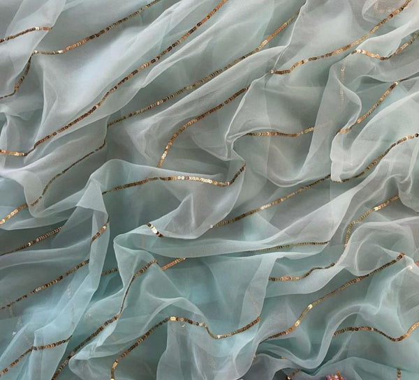 Aqua Pastel Ombré Pure Chiffon Saree with Sequins Stripes & Crepe Blouse