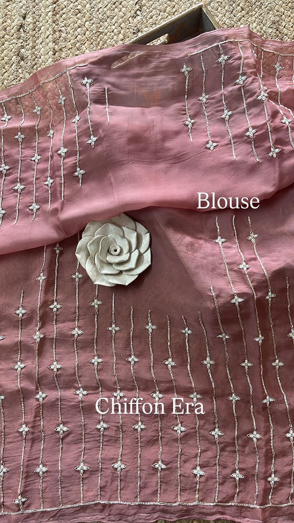 Cinnamon Pure Silk Organza Handcrafted Saree with Heavy Blouse