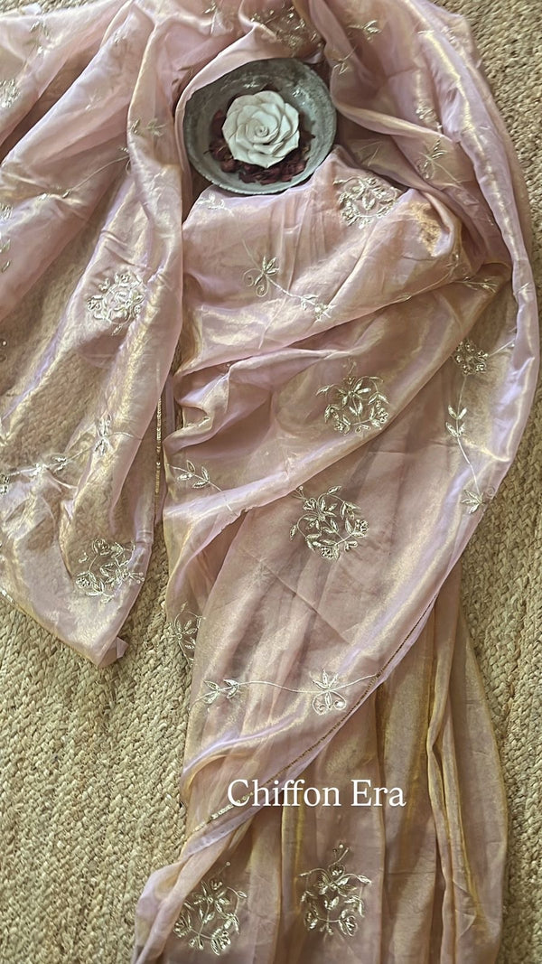 Pure Cinnamon Silk Tissue Saree with Handcrafted Zardozi & Dabka Work | Raw Silk Blouse