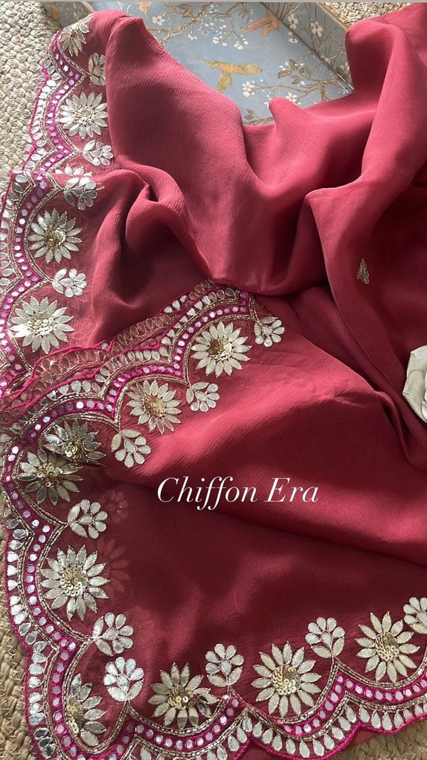 Rust Gotta Patti Scallop Border Handcrafted Saree with Heavy Work Blouse