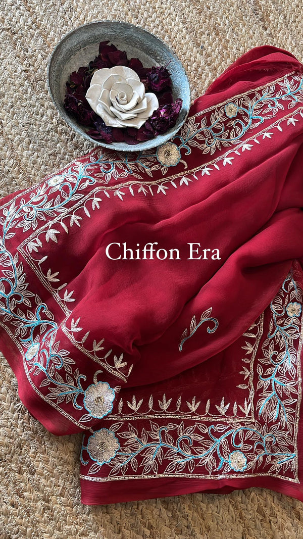 Deep maroon Zari handcrafted saree with crepe blouse