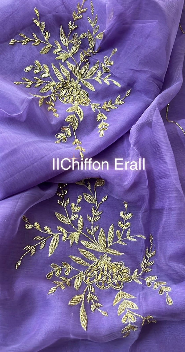Lilac Pure Chiffon Kutdaana Zari Boota Saree with Crepe Work Blouse