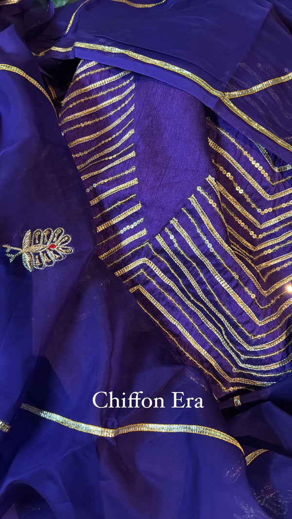 Pure silk organza deep violet saree with gotta peacock details all over comes with heavy work blouse
