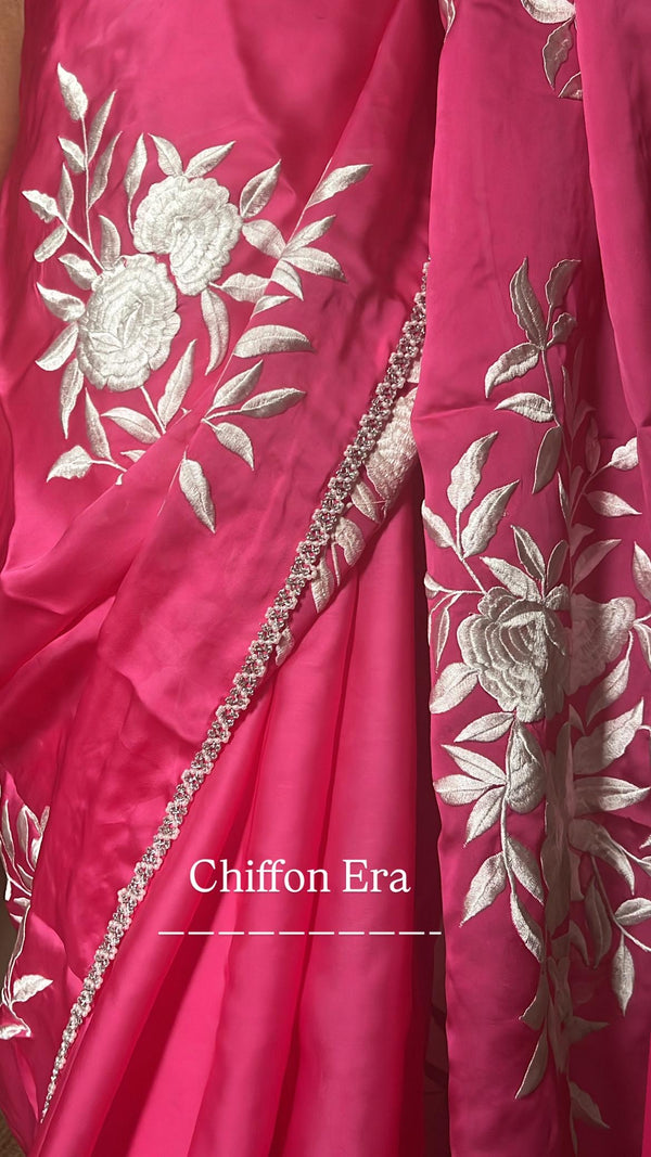 Fuchsia Pink Pure Satin Silk Parsi Handcrafted Saree with Blouse