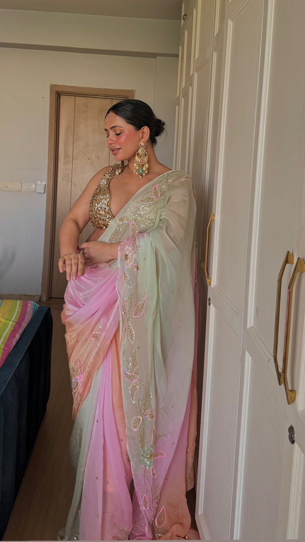 Organza Silk Ombré Saree with All-Over Embellished Work & Crepe Blouse