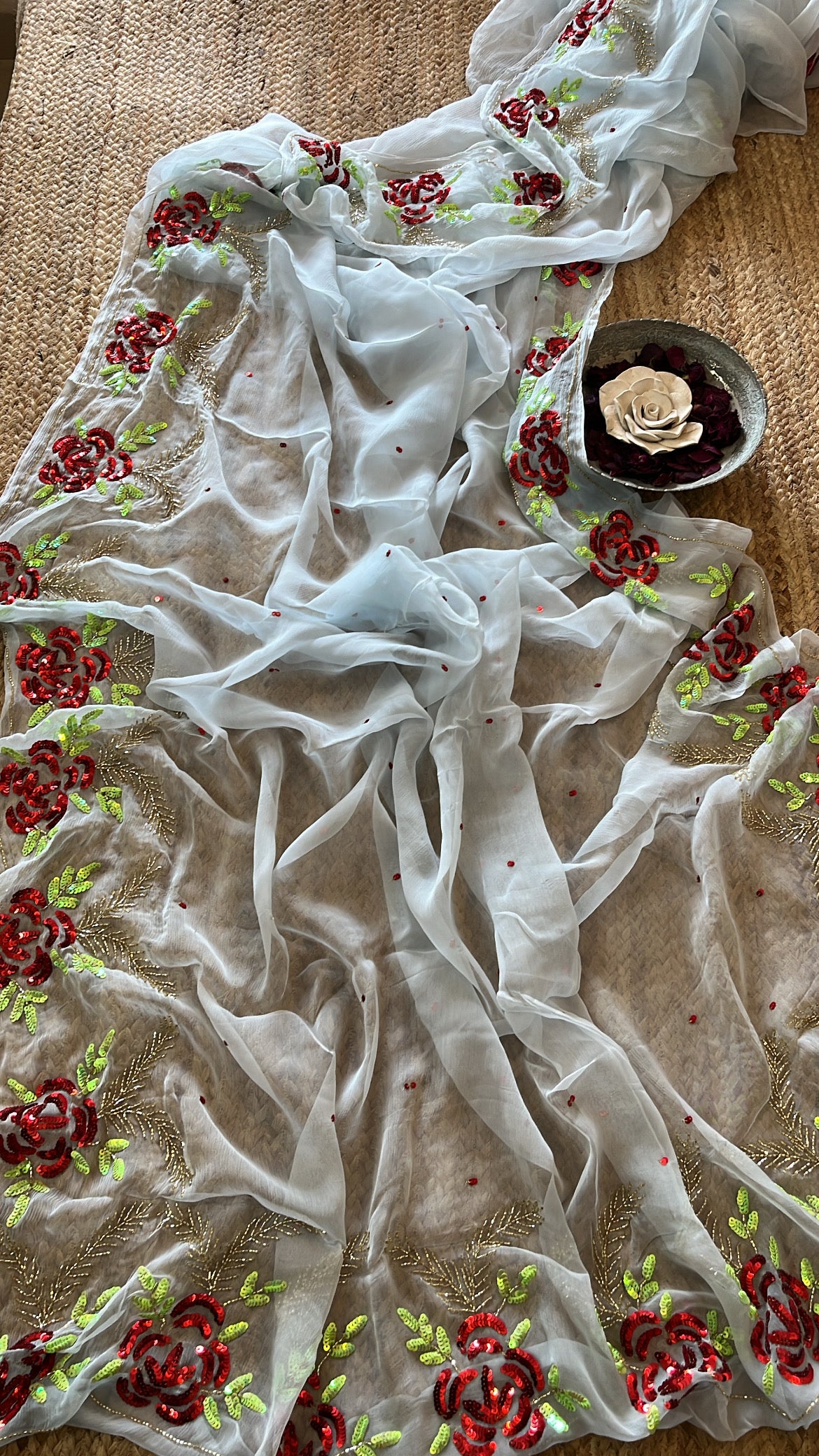 Powder blue sequins rose all four sides handcrafted pure chiffon fabric saree with crepe blouse
