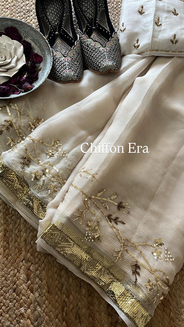 Ivory gotta sequins Pure Chiffon Handcrafted Saree with Blouse