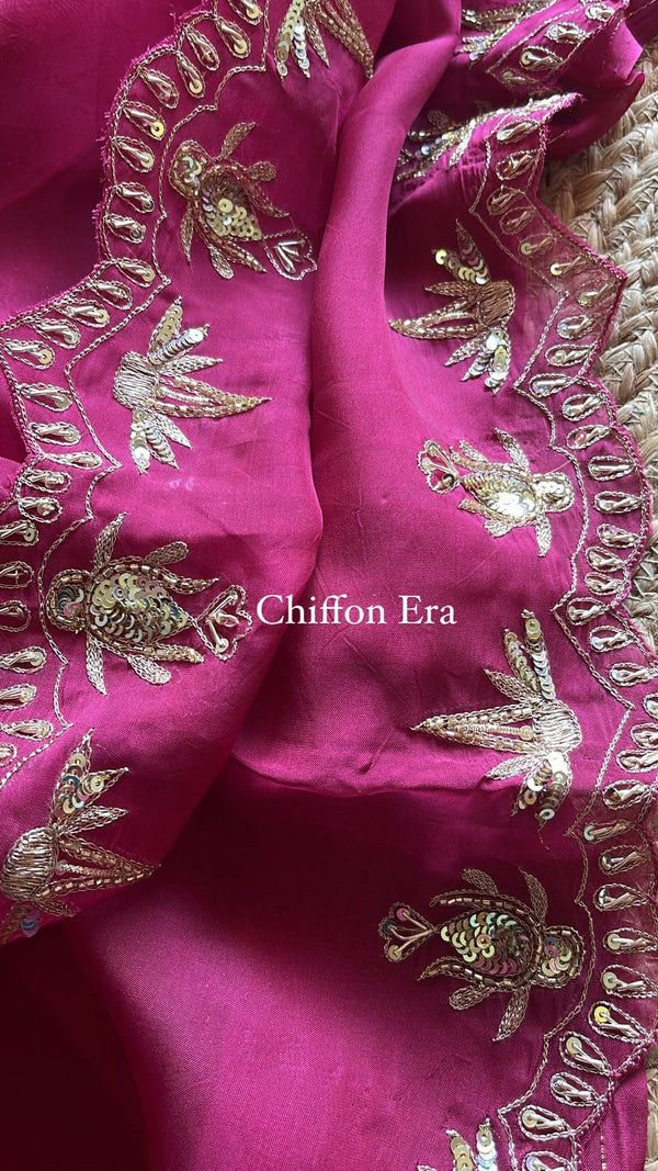 Pure silk organza zari handcrafted saree with Cutwork all four sides with crepe work blouse