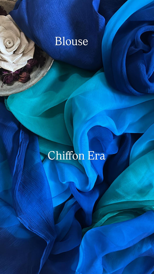 Platinum Chiffon Ombré Shade Peacock Saree with Crepe Blue Blouse