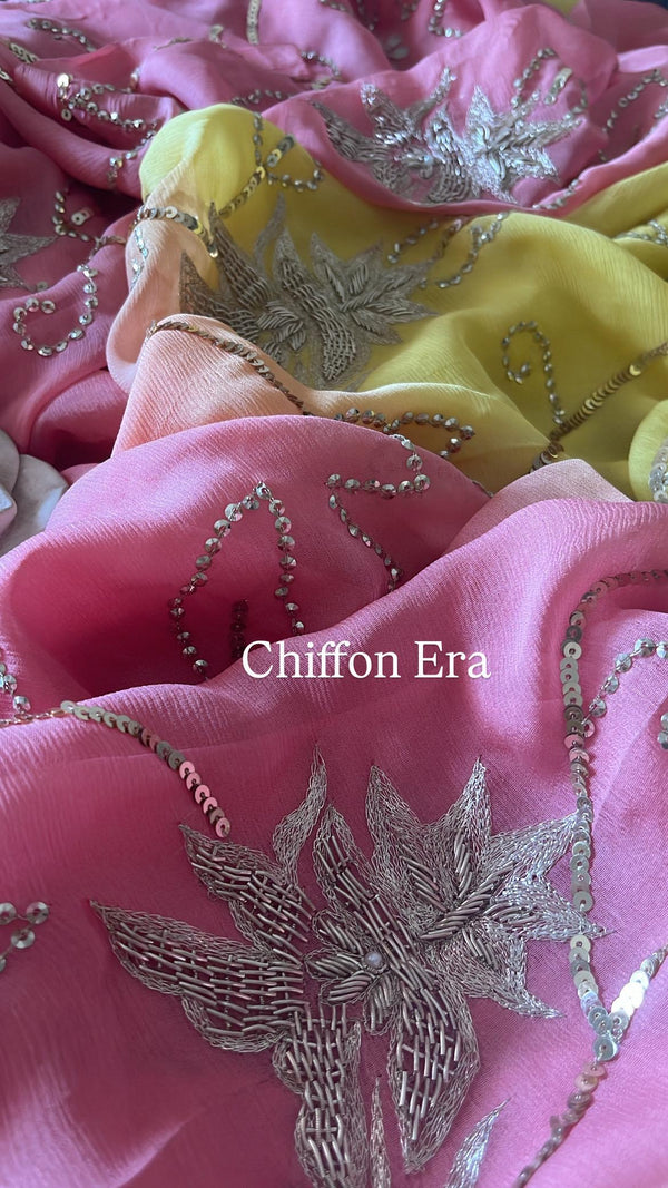 Ombré Platinum Chiffon Handcrafted Zari Zardozi Jaal Saree with Crepe Blouse