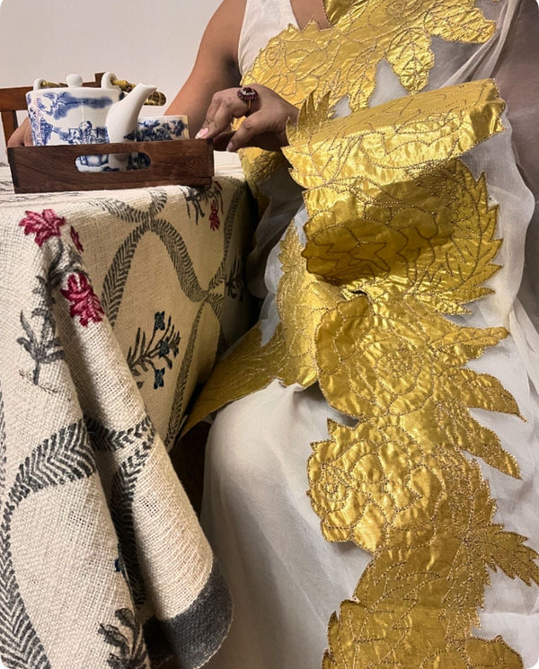 Saree Supremacy – Ivory Chiffon Saree with Gold Gotta Embellishments & Cutwork