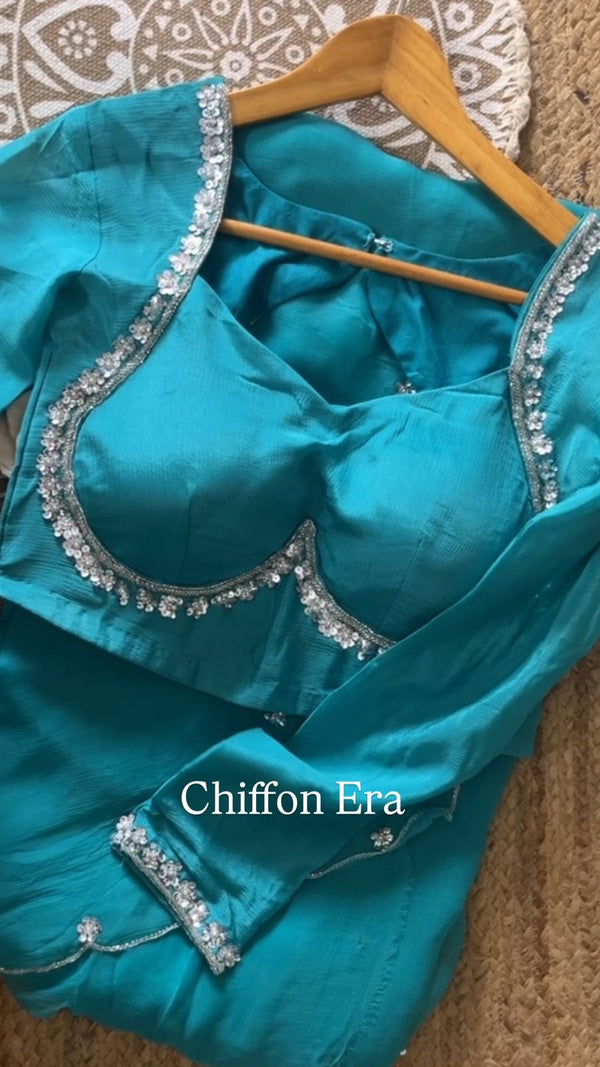 Firozi Blue Chiffon Scallop Saree with Handcrafted Designer Blouse