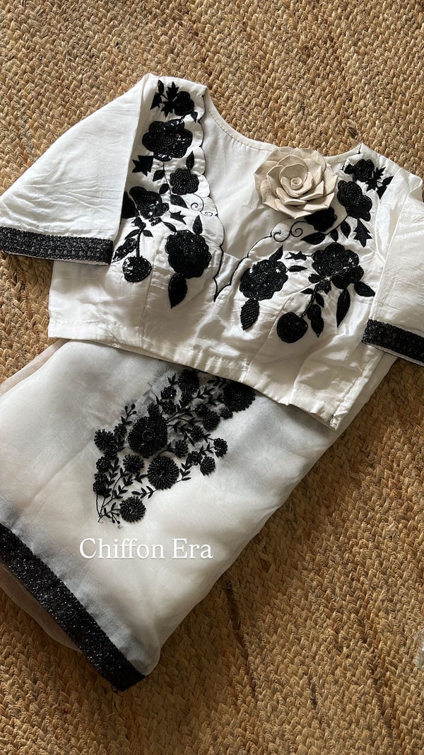 Moonlight Saree ✨ Dreamy Silk Organza with Handcrafted Detailing & Stitched Blouse