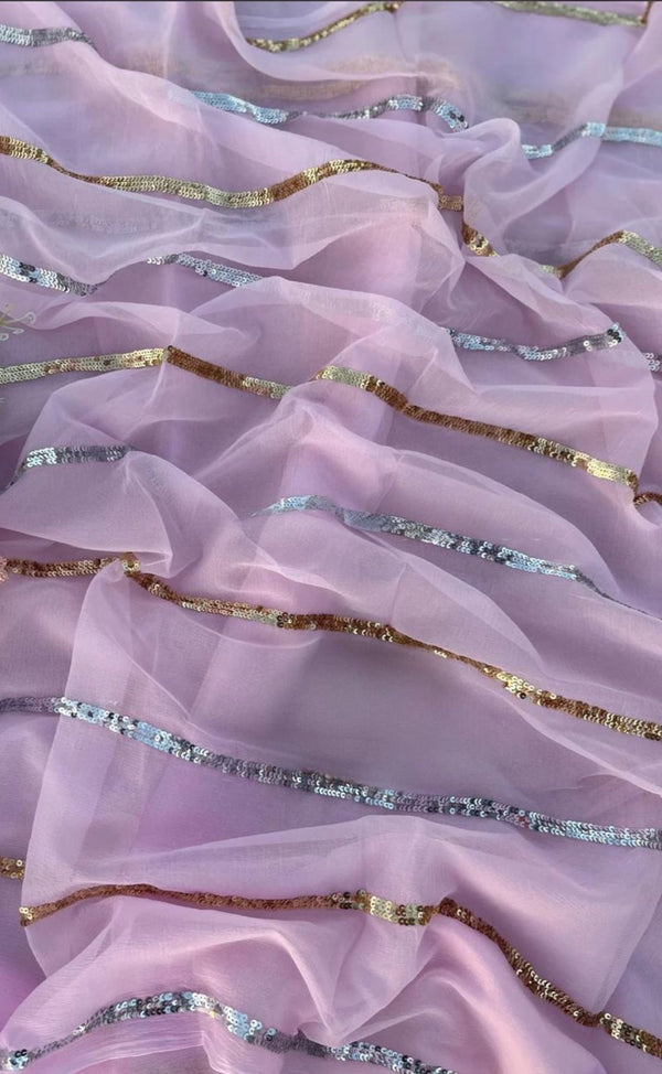 Powder Pink All-Over Sequins Stripes Saree with Crepe Blouse