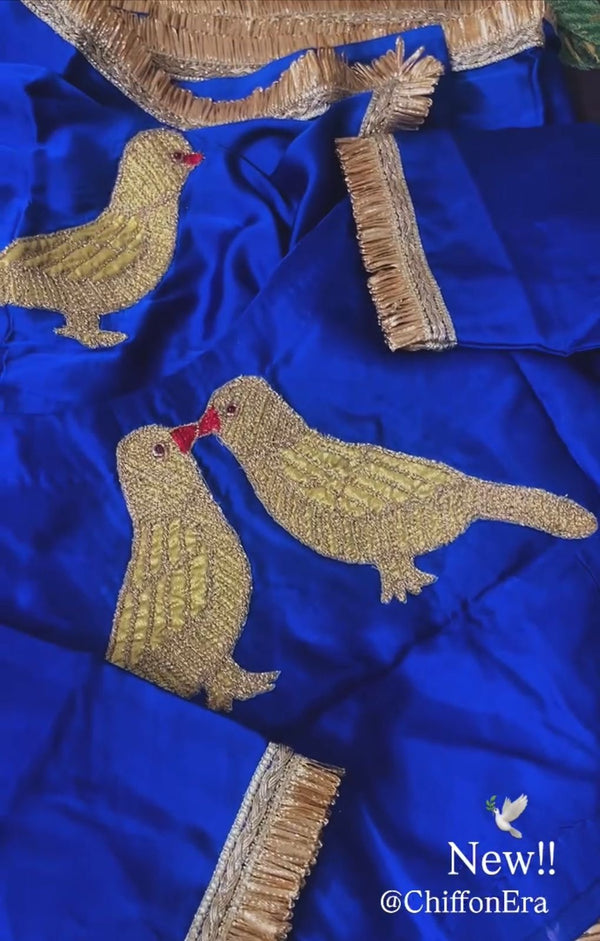Golden Wings Satton Silk Indigo Saree with Golden Bird Appliqué & Stitched non padded with birds at back of Blouse