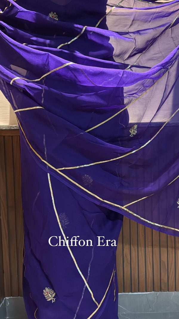 Pure silk organza deep violet saree with gotta peacock details all over comes with heavy work blouse