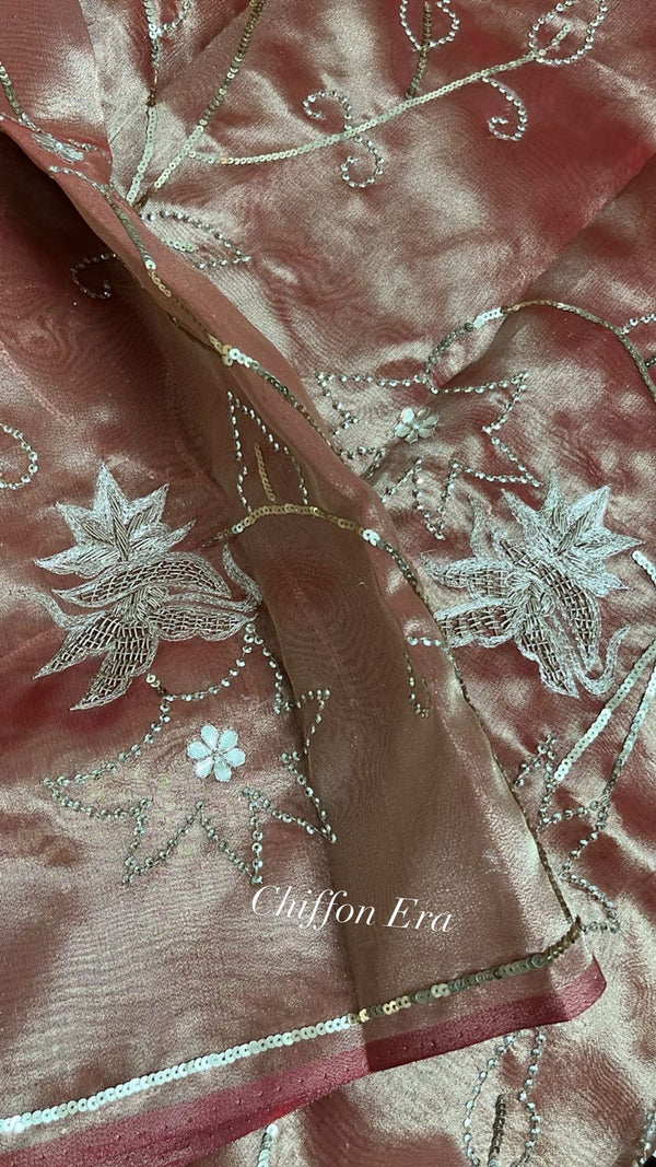 Bronze Tissue Handcrafted Jaal Saree with Zari, Katori & Zardozi Work
