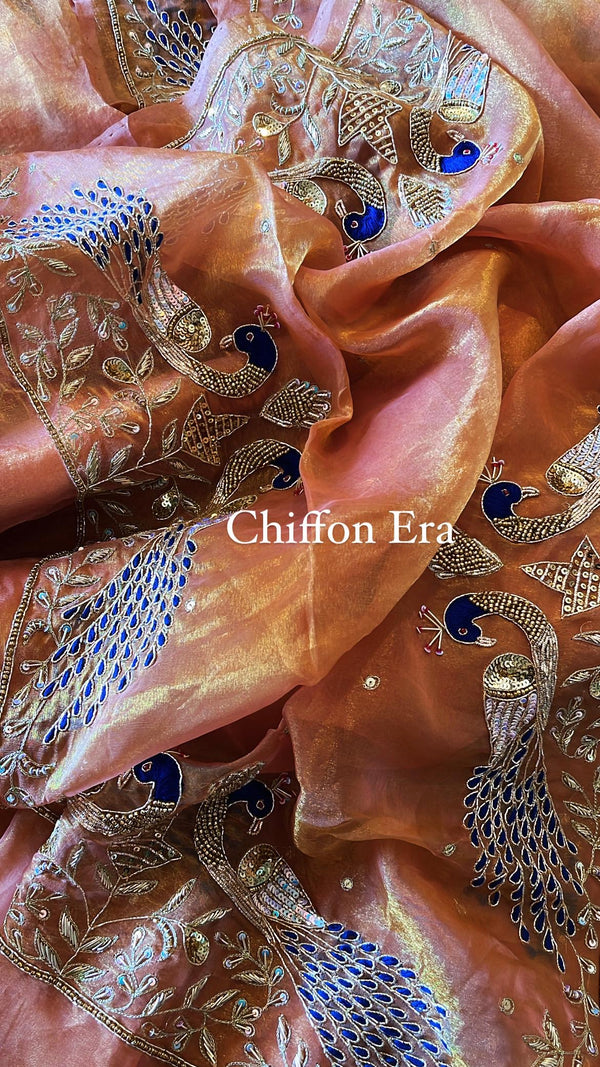 Copper shade pure silk tissue handcrafted Zardozi,zari and resham handcrafted saree with crepe blouse