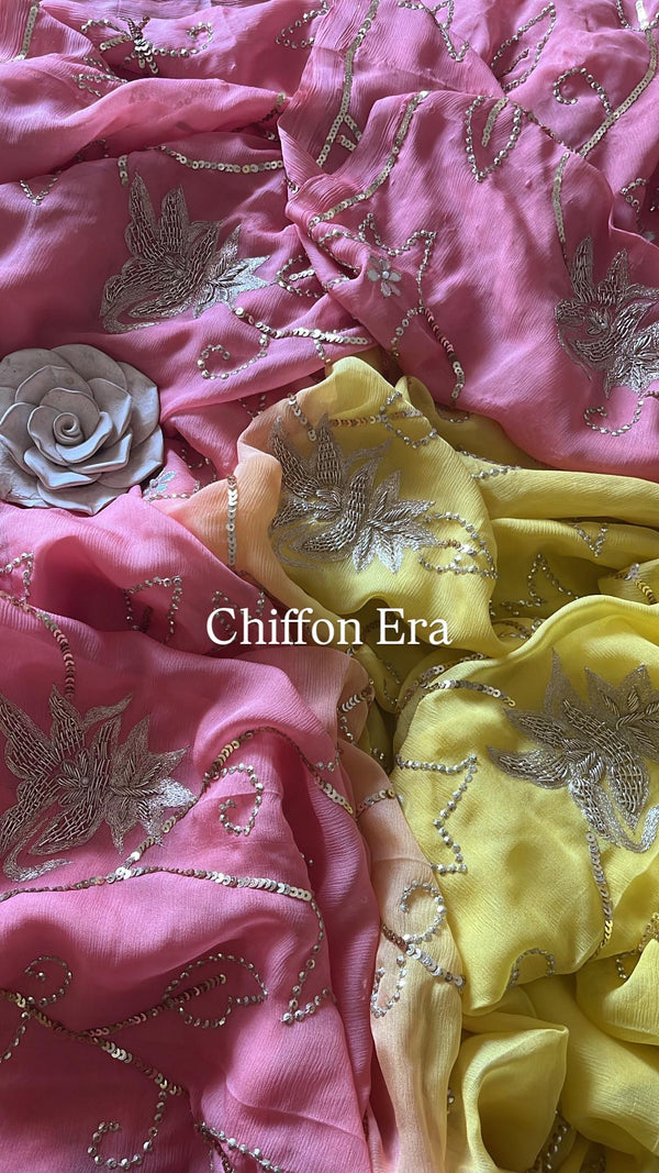 Ombré Platinum Chiffon Handcrafted Zari Zardozi Jaal Saree with Crepe Blouse