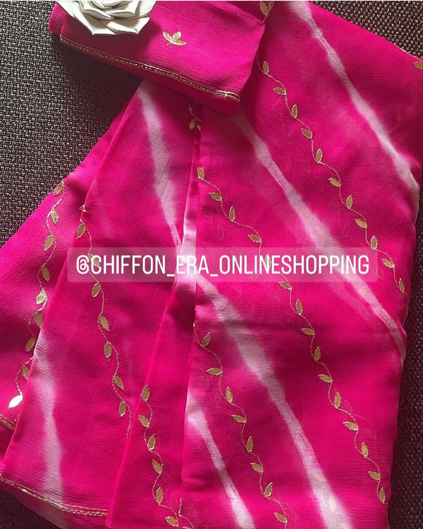 Pure Chiffon Magenta Leheriya Saree with Crepe Work Blouse