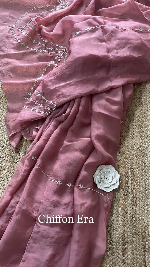 Cinnamon Pure Silk Organza Handcrafted Saree with Heavy Blouse