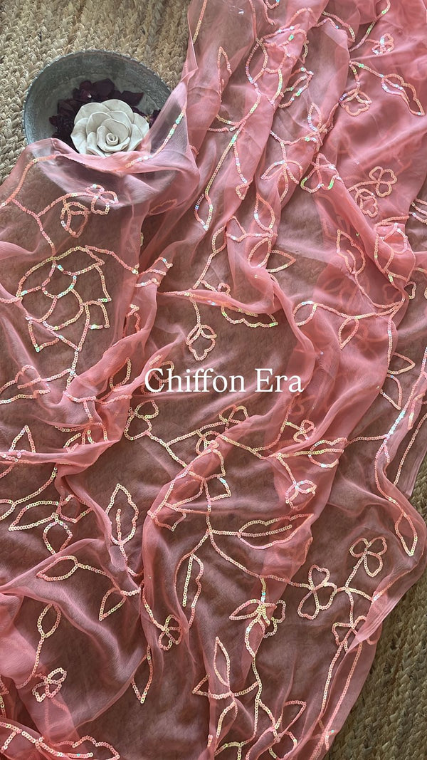 Peach Chiffon Handcrafted Saree with Monotone Sequins Jaal