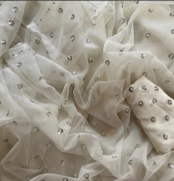 Ivory Sequins Dots Handcrafted Saree with Crepe Work Blouse