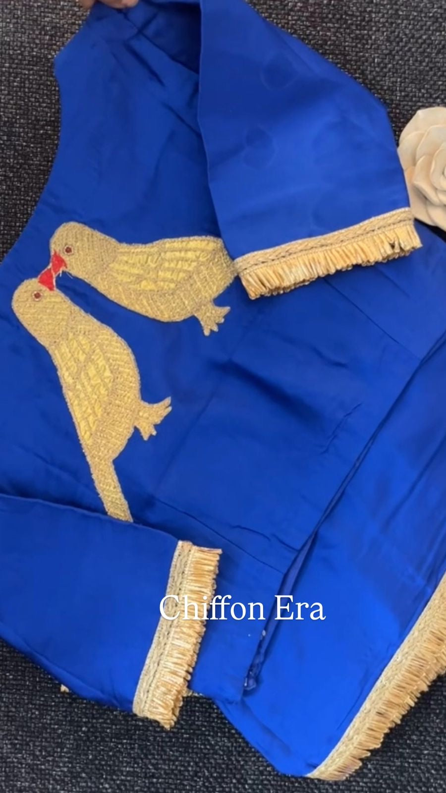 Golden Wings Satton Silk Indigo Saree with Golden Bird Appliqué & Stitched non padded with birds at back of Blouse