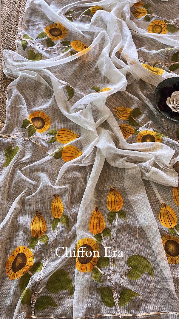 Ivory kota doria handpainted sunflower saree with crepe painted blouse