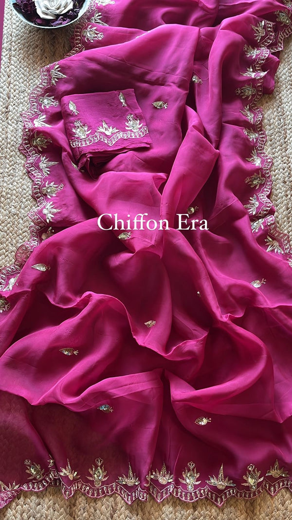 Pure silk organza zari handcrafted saree with Cutwork all four sides with crepe work blouse