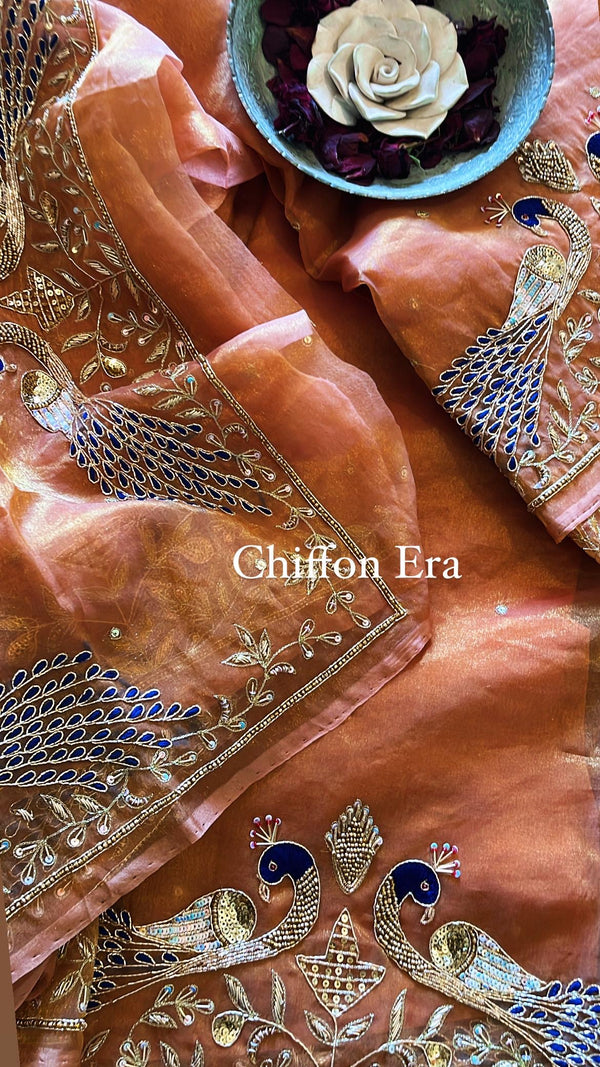 Copper shade pure silk tissue handcrafted Zardozi,zari and resham handcrafted saree with crepe blouse