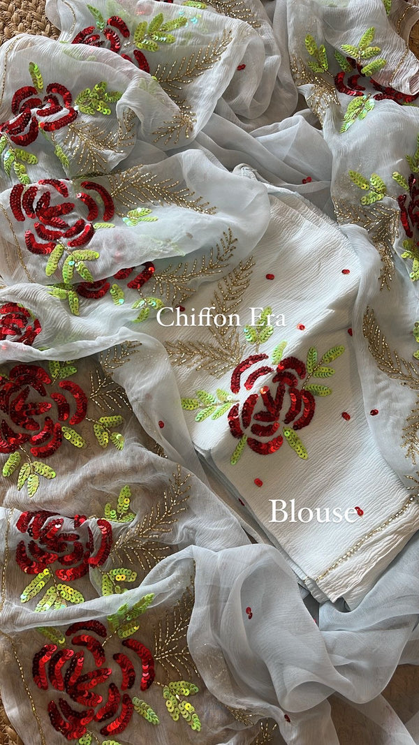 Powder blue sequins rose all four sides handcrafted pure chiffon fabric saree with crepe blouse
