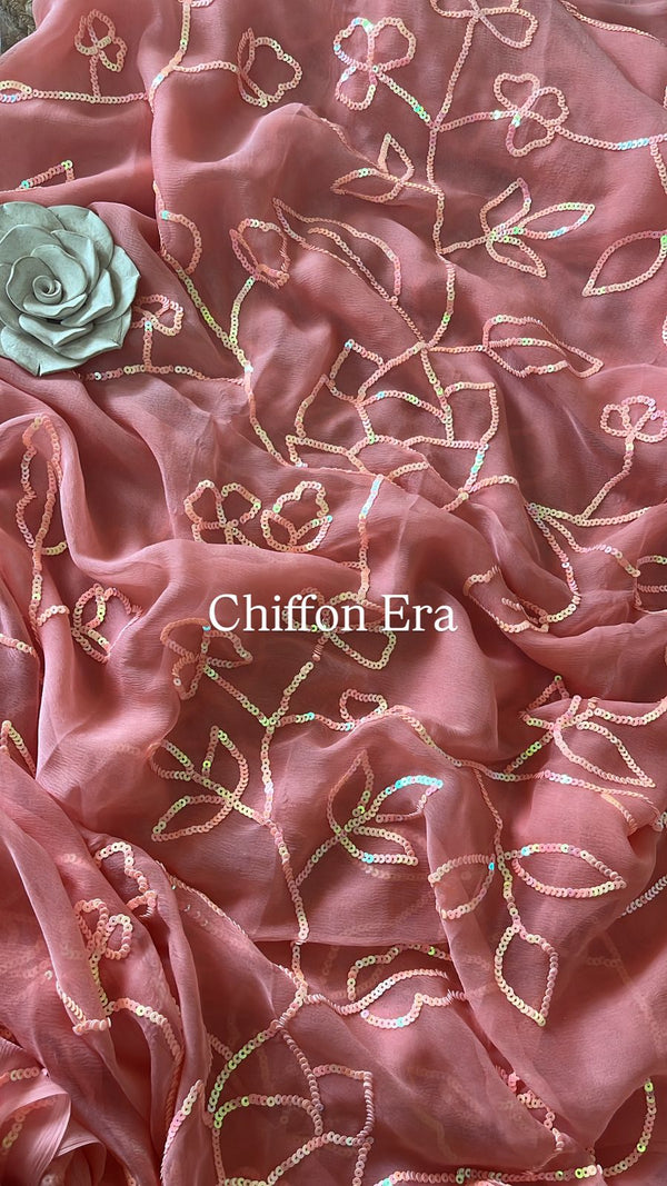 Peach Chiffon Handcrafted Saree with Monotone Sequins Jaal