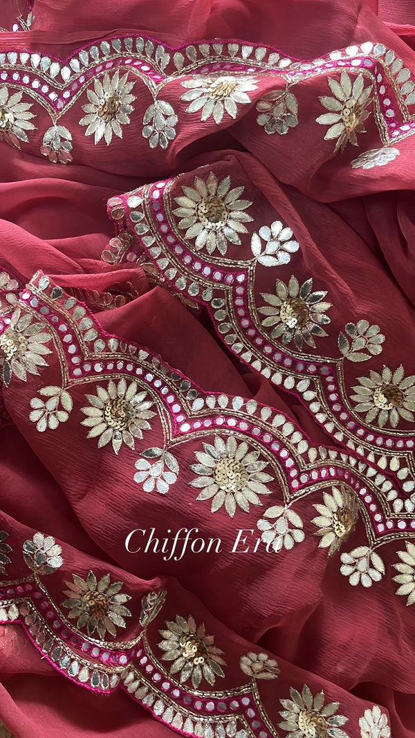 Rust Gotta Patti Scallop Border Handcrafted Saree with Heavy Work Blouse