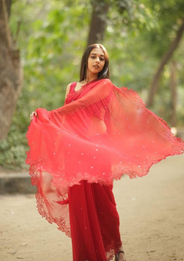 Regal Red – Pure Chiffon Handcrafted Saree with Heavy Work Blouse