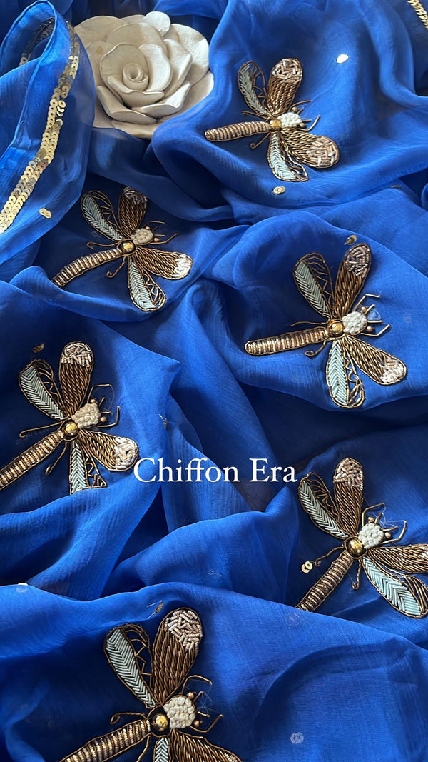 Golden fly handcrafted ink blue saree in pure chiffon with crepe work blouse