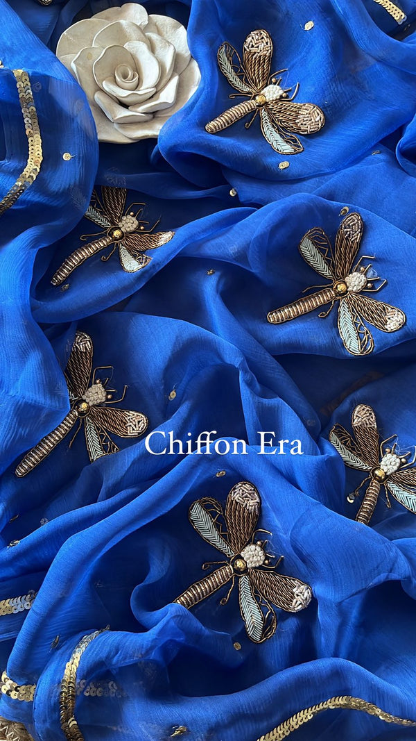 Golden fly handcrafted ink blue saree in pure chiffon with crepe work blouse