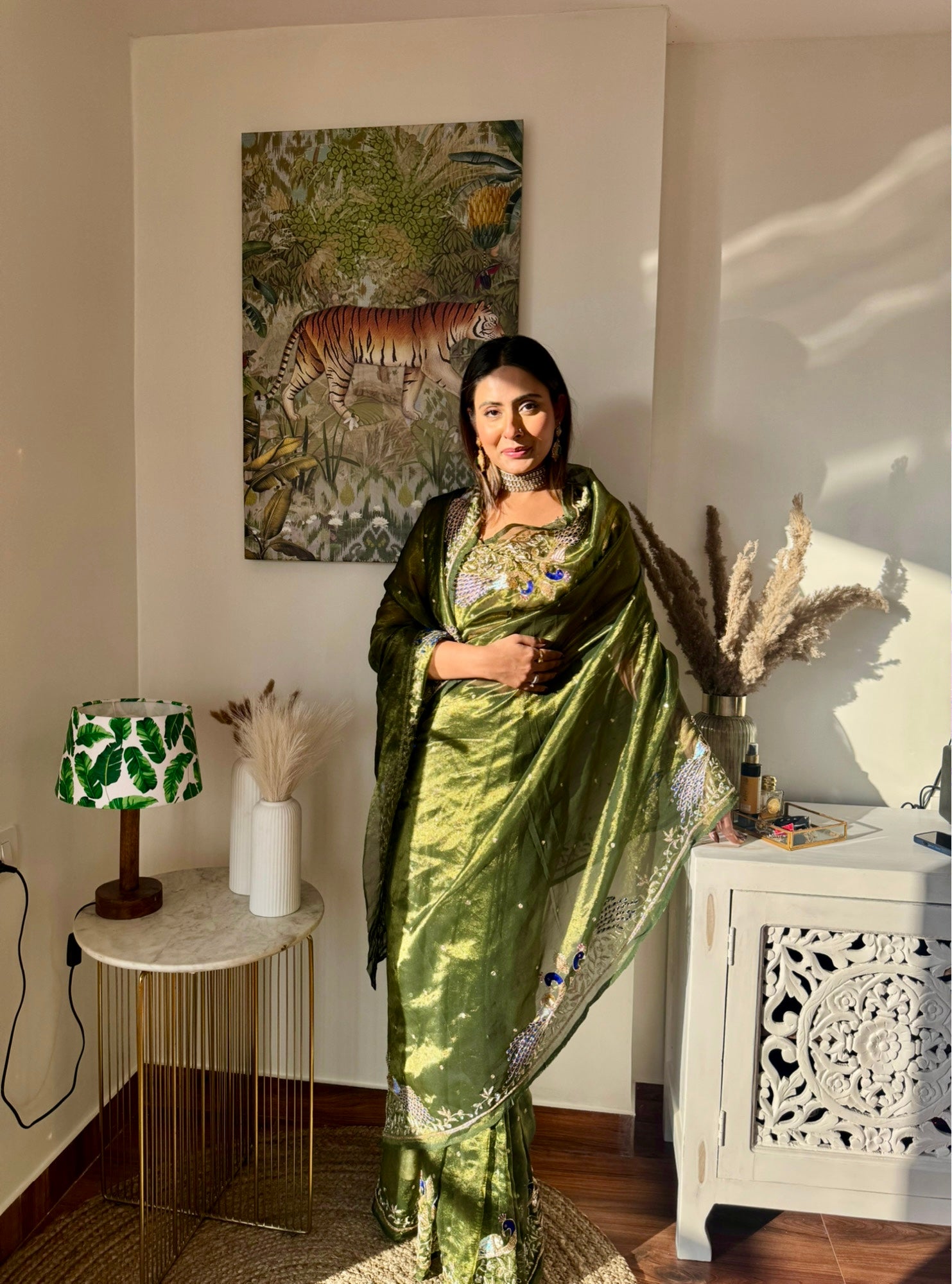 Pure zari tissue bottle green Saree