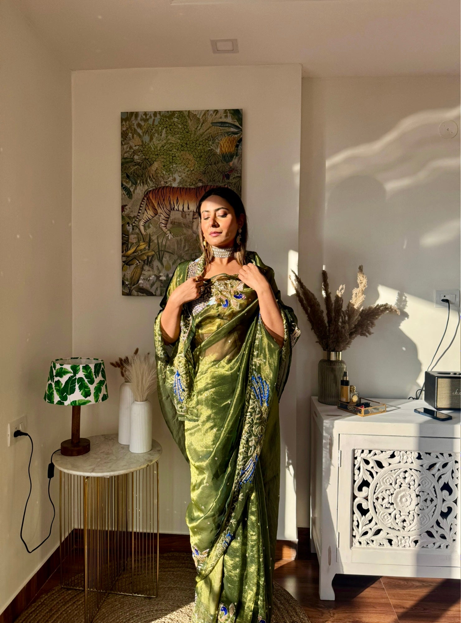 Pure zari tissue bottle green Saree