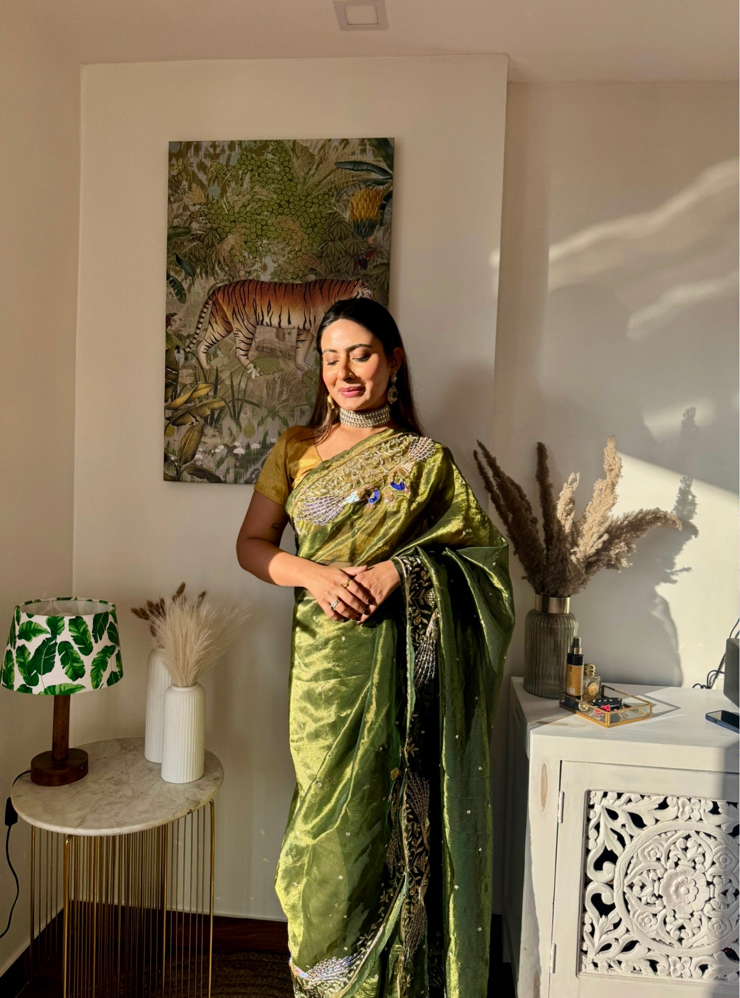 Pure zari tissue bottle green Saree