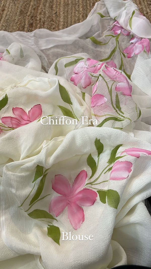 Ivory Pure Chiffon Lotus Jaal Handpainted Saree