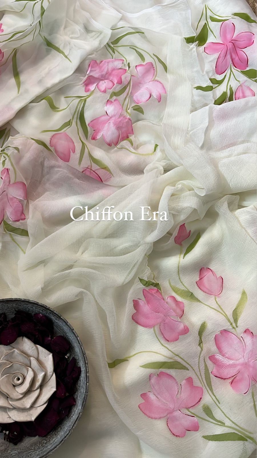 Ivory Pure Chiffon Lotus Jaal Handpainted Saree