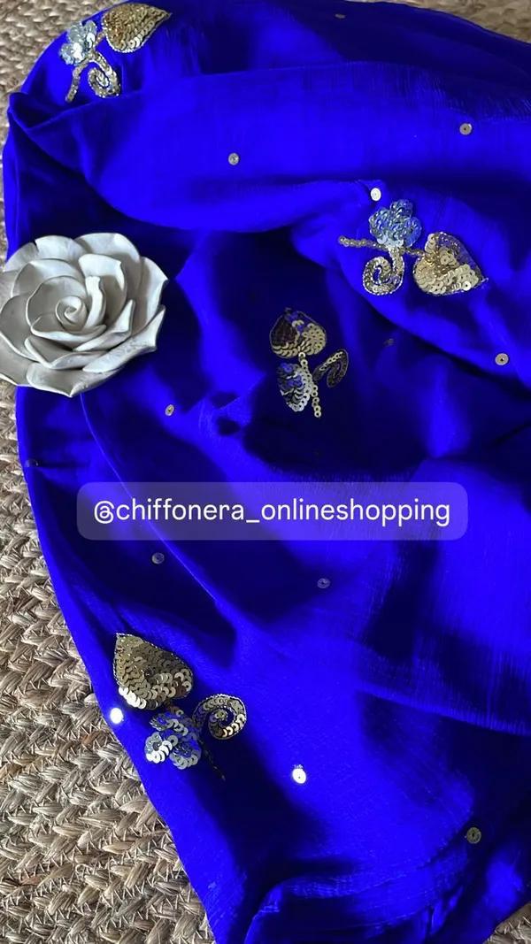 Indigo Blue Chiffon Handcrafted Saree with Blue Blouse